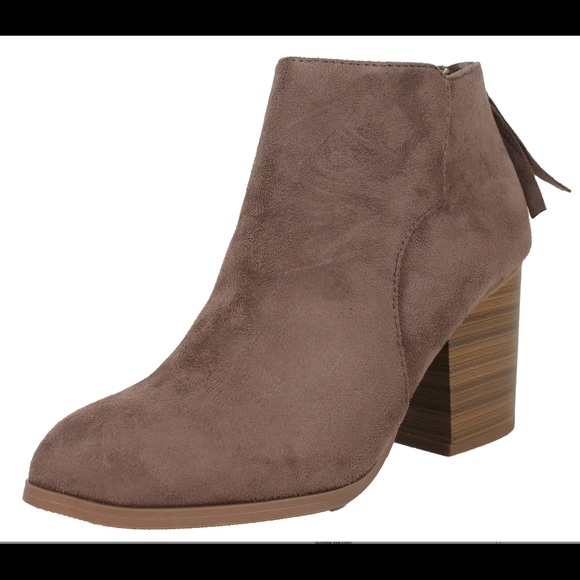 Taupe almond toe back tassel Stacked heel boot - Picture 2 of 6